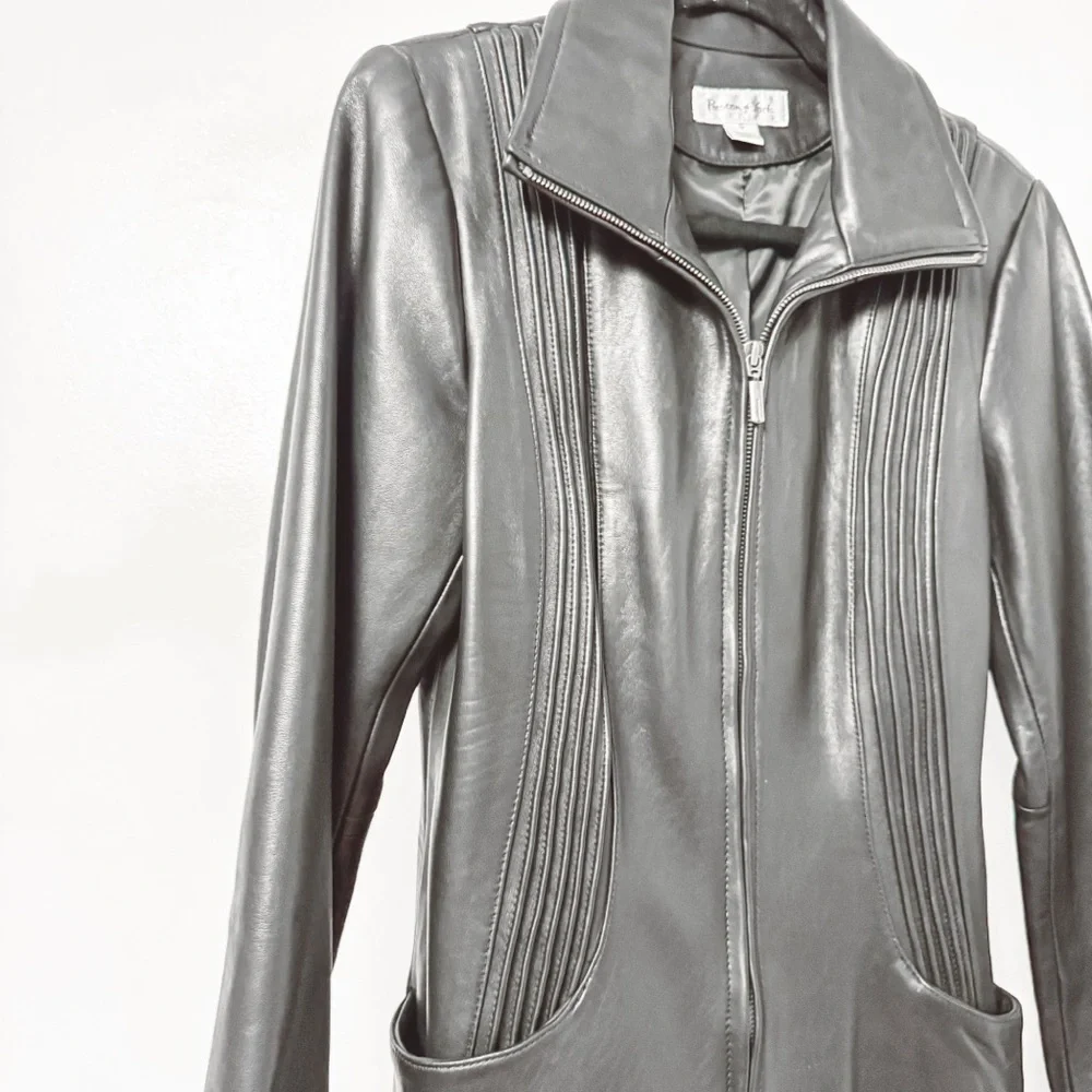 Preston and York Pleated Front‎ Genuine Leather Zip Up Jacket Black Small